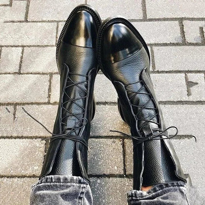 Women's leather heeled pointed-toe boots with lace-up cap-toe design