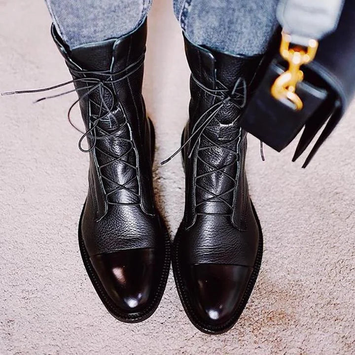 Women's leather heeled pointed-toe boots with lace-up cap-toe design
