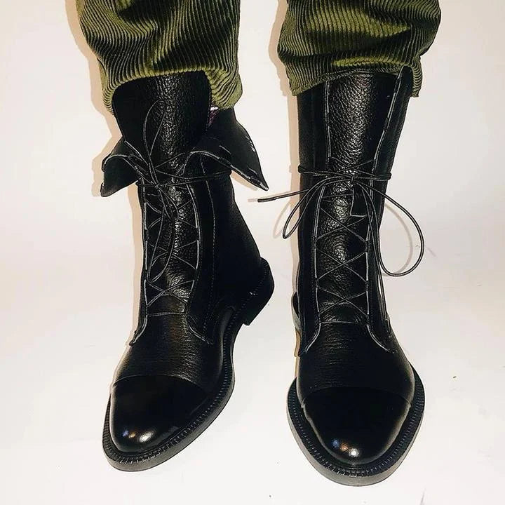 Women's leather heeled pointed-toe boots with lace-up cap-toe design