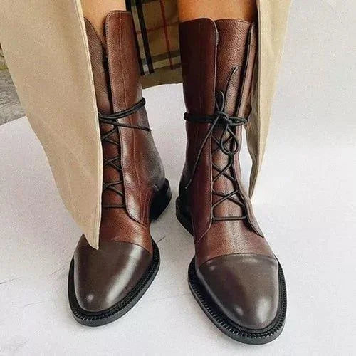 Women's leather heeled pointed-toe boots with lace-up cap-toe design – Brown