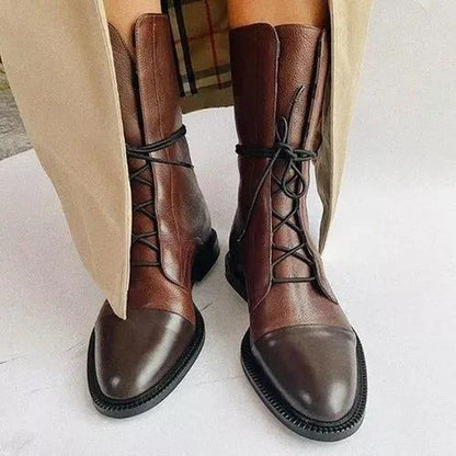 Women's leather heeled pointed-toe boots with lace-up cap-toe design – Brown