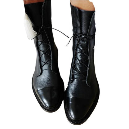 Women's leather heeled pointed-toe boots with lace-up cap-toe design