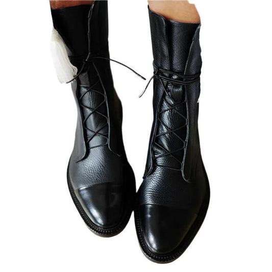 Women's leather heeled pointed-toe boots with lace-up cap-toe design