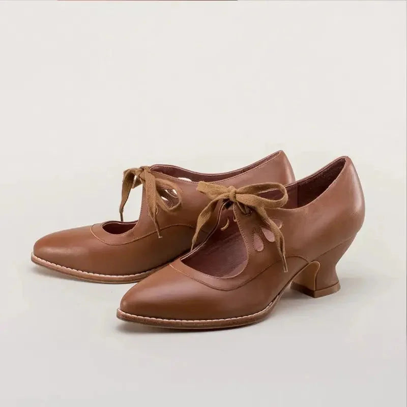 Women's leather Mary-Jane style pumps with cut-out lace-up ties