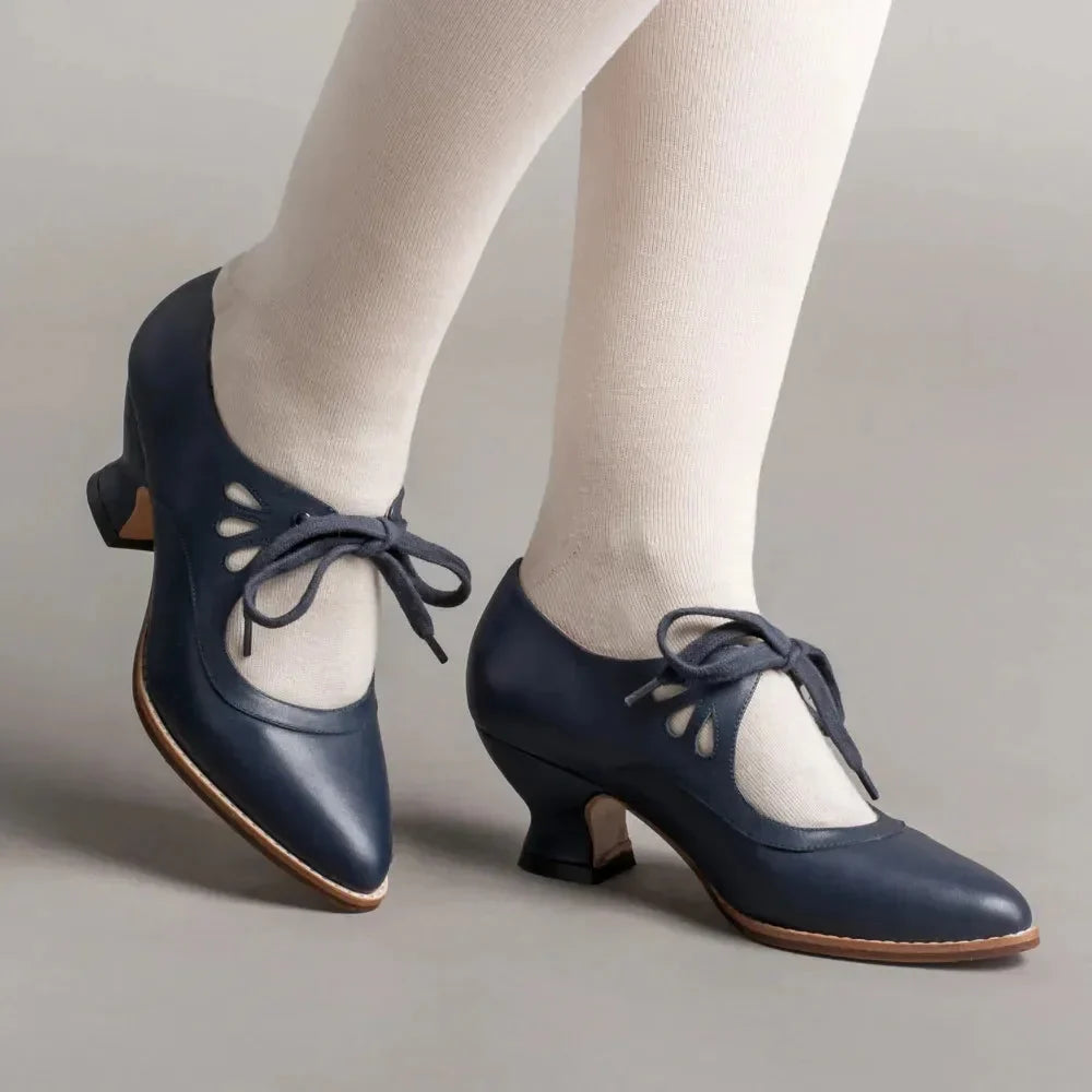 Women's leather Mary-Jane style pumps with cut-out lace-up ties – Navy Blue