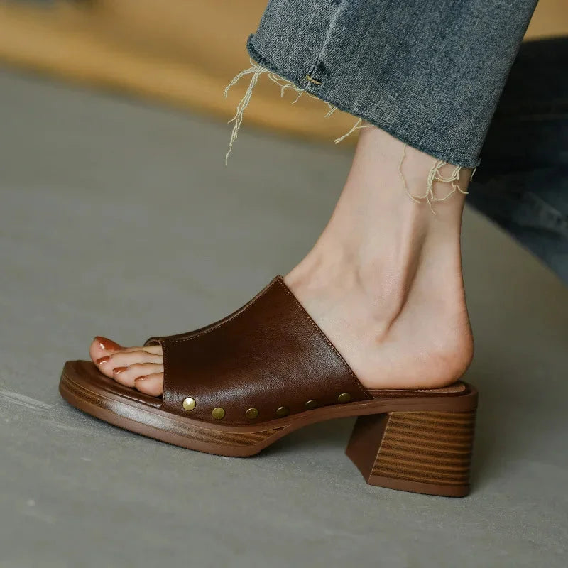 Women's leather open-toe platform block-heel sandals with studded accents
