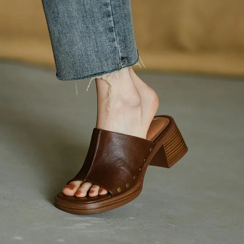 Women's leather open-toe platform block-heel sandals with studded accents