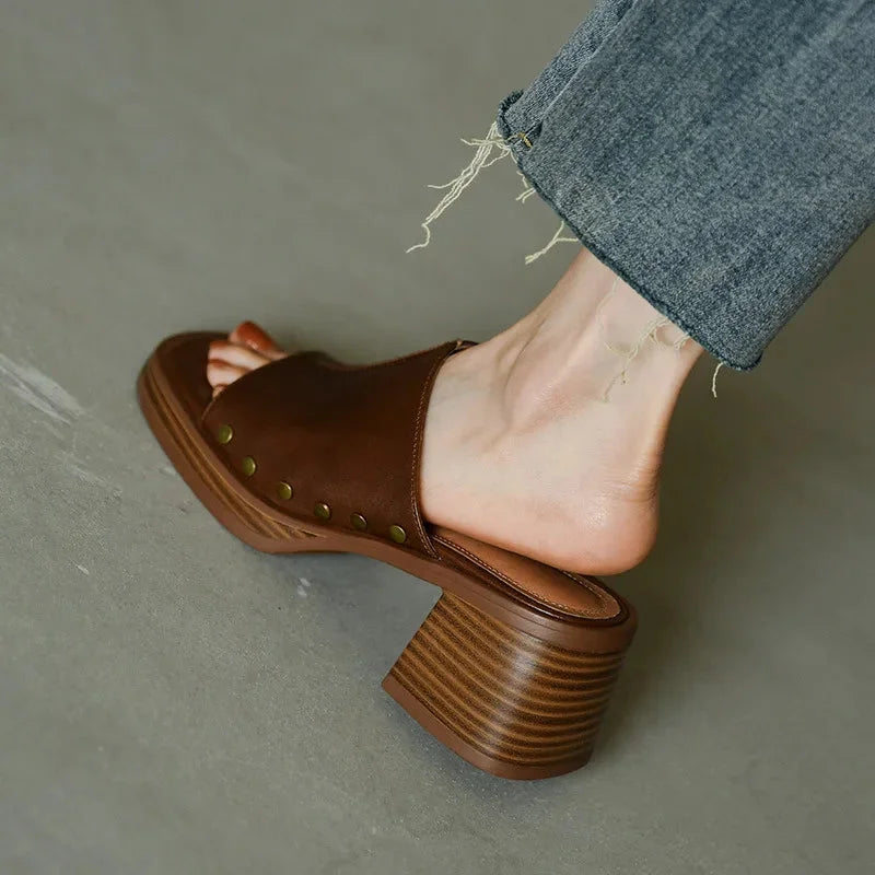 Women's leather open-toe platform block-heel sandals with studded accents