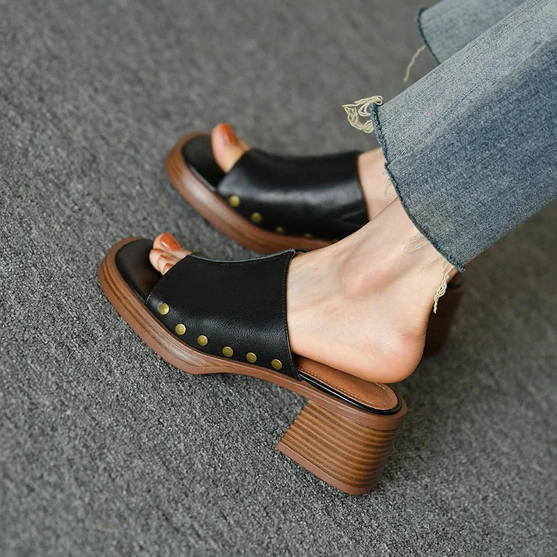 Women's leather open-toe platform block-heel sandals with studded accents