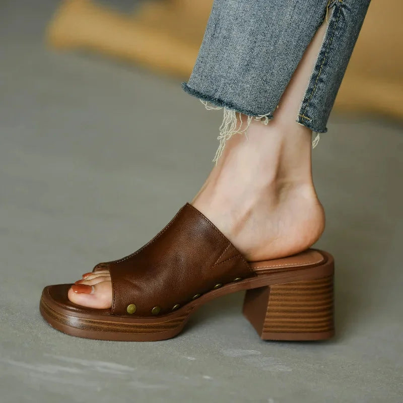 Women's leather open-toe platform block-heel sandals with studded accents