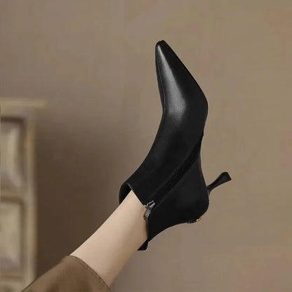 Women's leather pointed-toe kitten-heel ankle boots with zipper