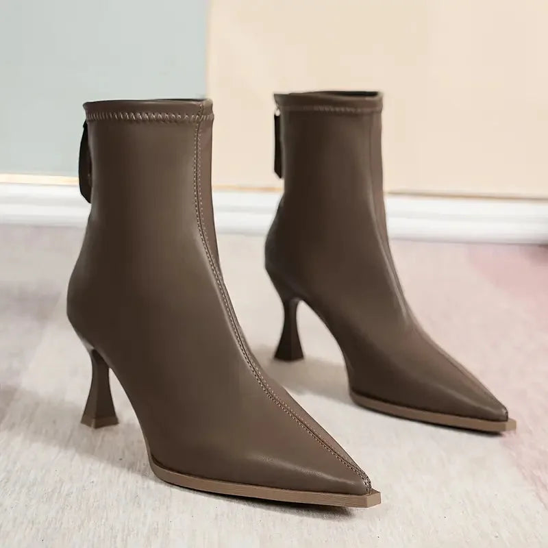 Women's leather pointed-toe kitten-heel ankle boots with zipper – Braun