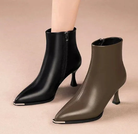 Women's leather pointed-toe kitten-heel ankle boots with zipper