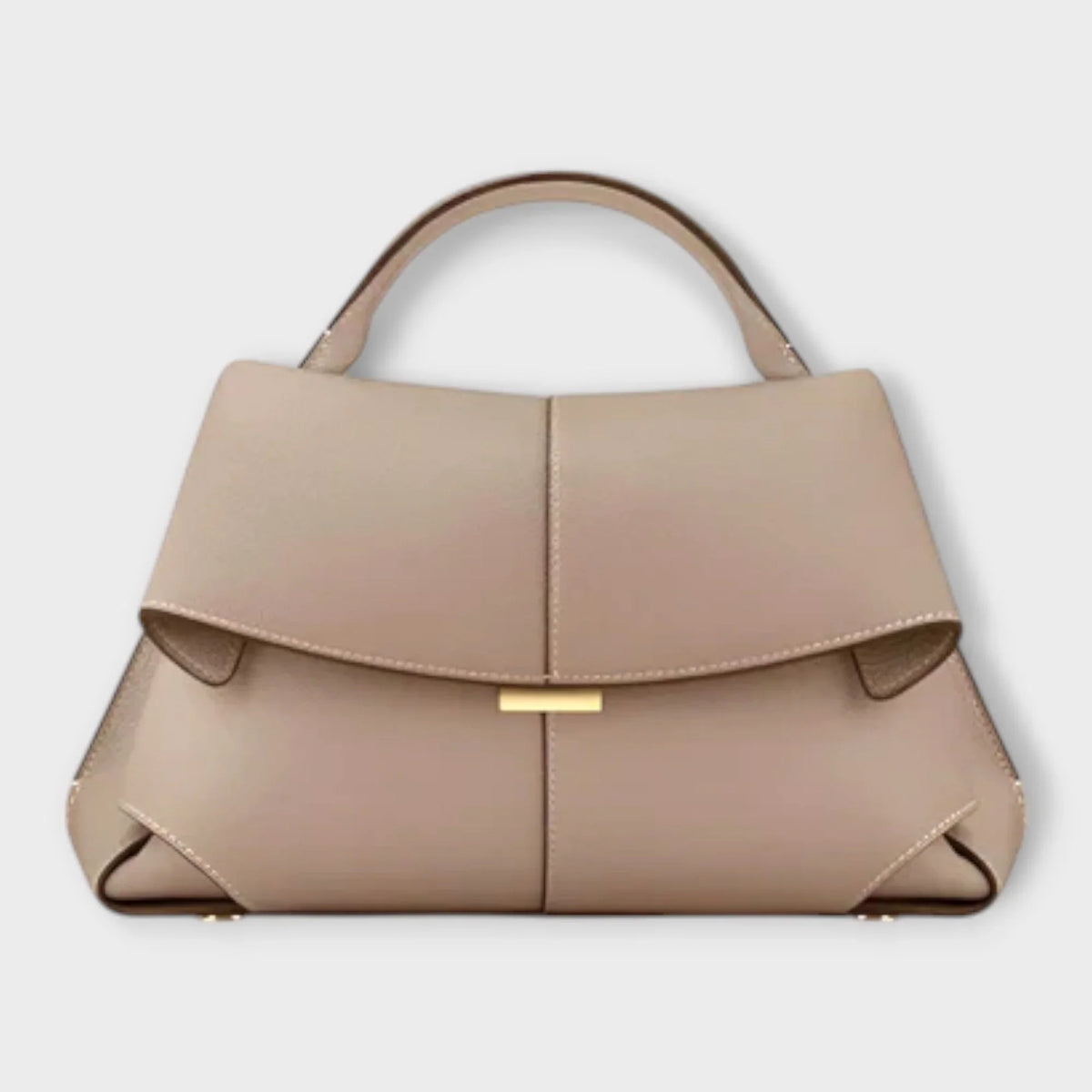 Women's leather top-handle handbag with flap closure and contrast stitching – Beige