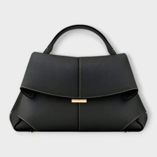Women's leather top-handle handbag with flap closure and contrast stitching – Black