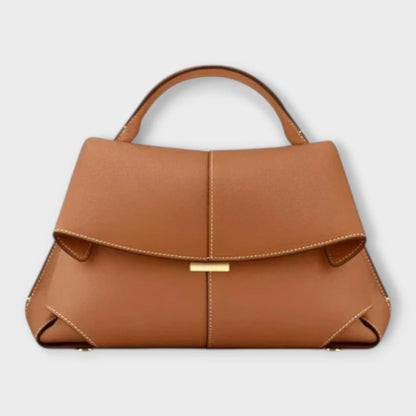 Women's leather top-handle handbag with flap closure and contrast stitching – Brown