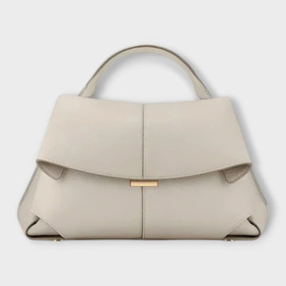 Women's leather top-handle handbag with flap closure and contrast stitching – White