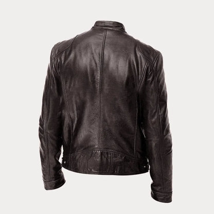 Women's leather zip-front moto jacket with band-collar zip-pocket