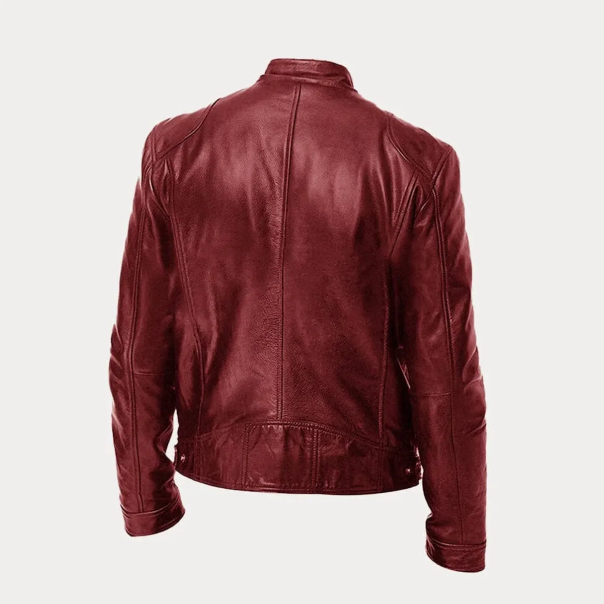 Women's leather zip-front moto jacket with band-collar zip-pocket
