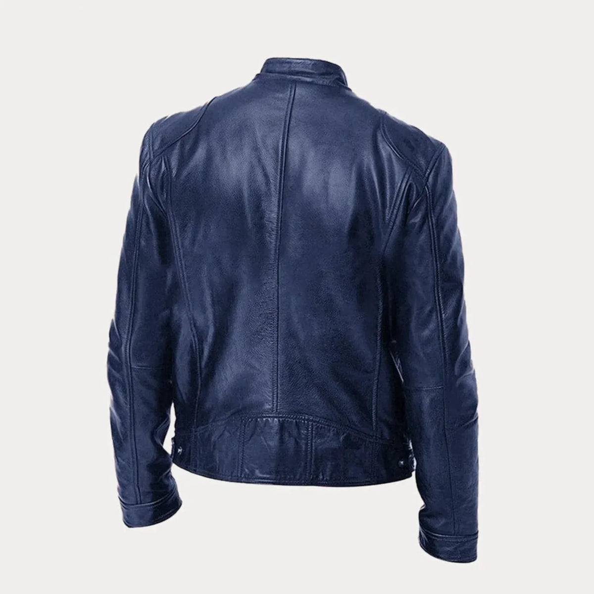 Women's leather zip-front moto jacket with band-collar zip-pocket