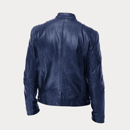 Women's leather zip-front moto jacket with band-collar zip-pocket