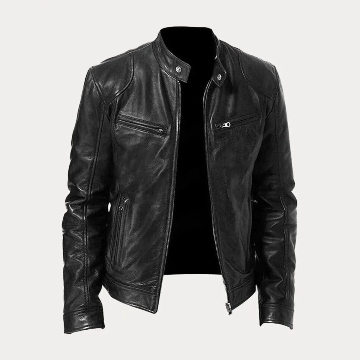 Women's leather zip-front moto jacket with band-collar zip-pocket – Black