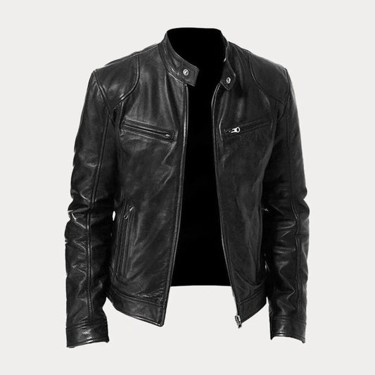 Women's leather zip-front moto jacket with band-collar zip-pocket – Black