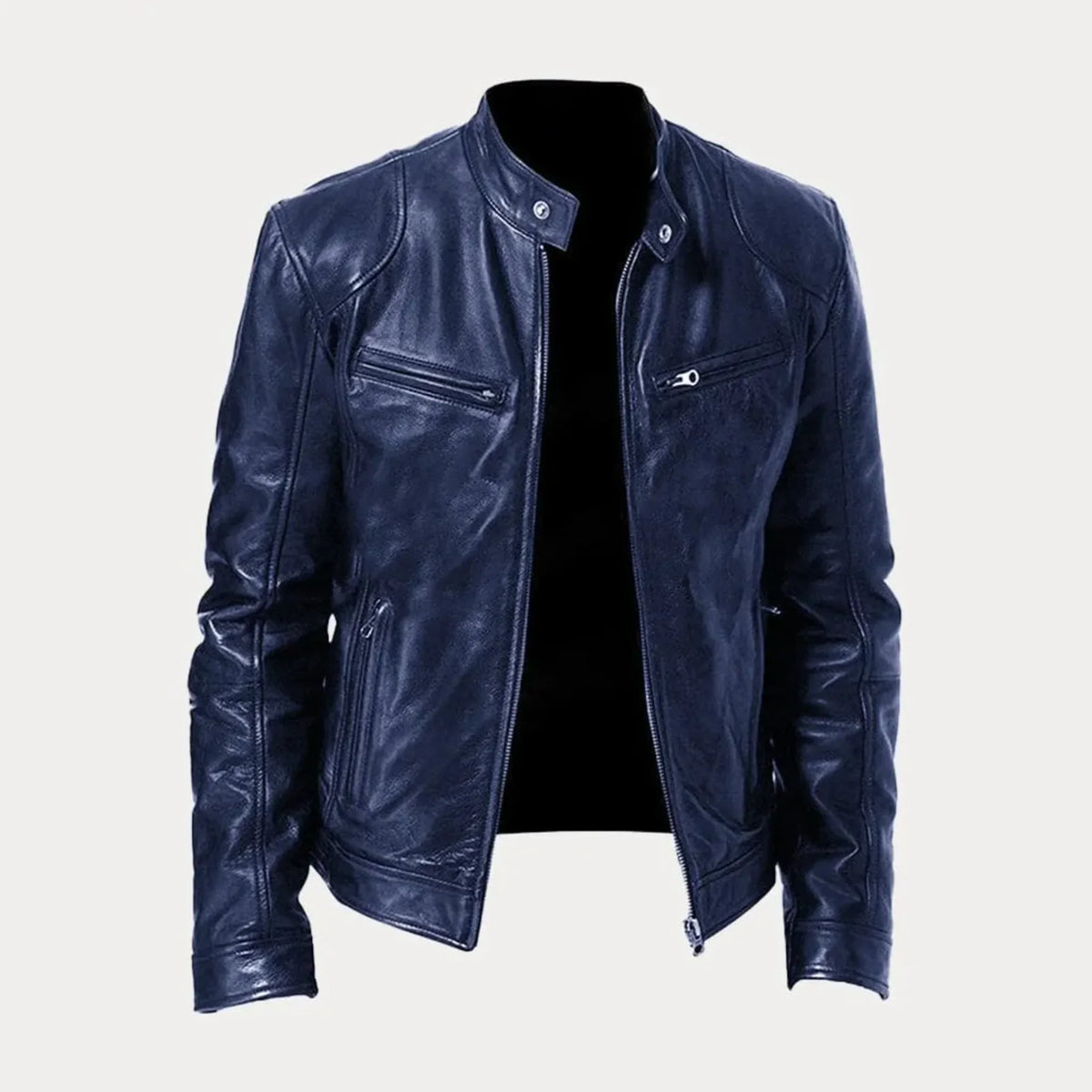 Women's leather zip-front moto jacket with band-collar zip-pocket – Blue