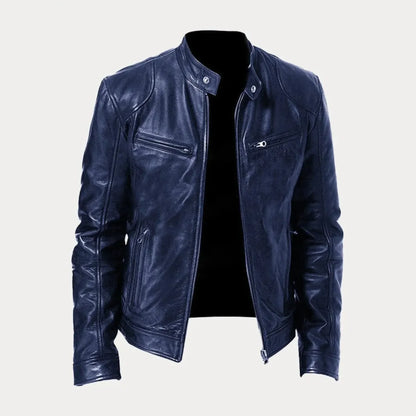 Women's leather zip-front moto jacket with band-collar zip-pocket – Blue