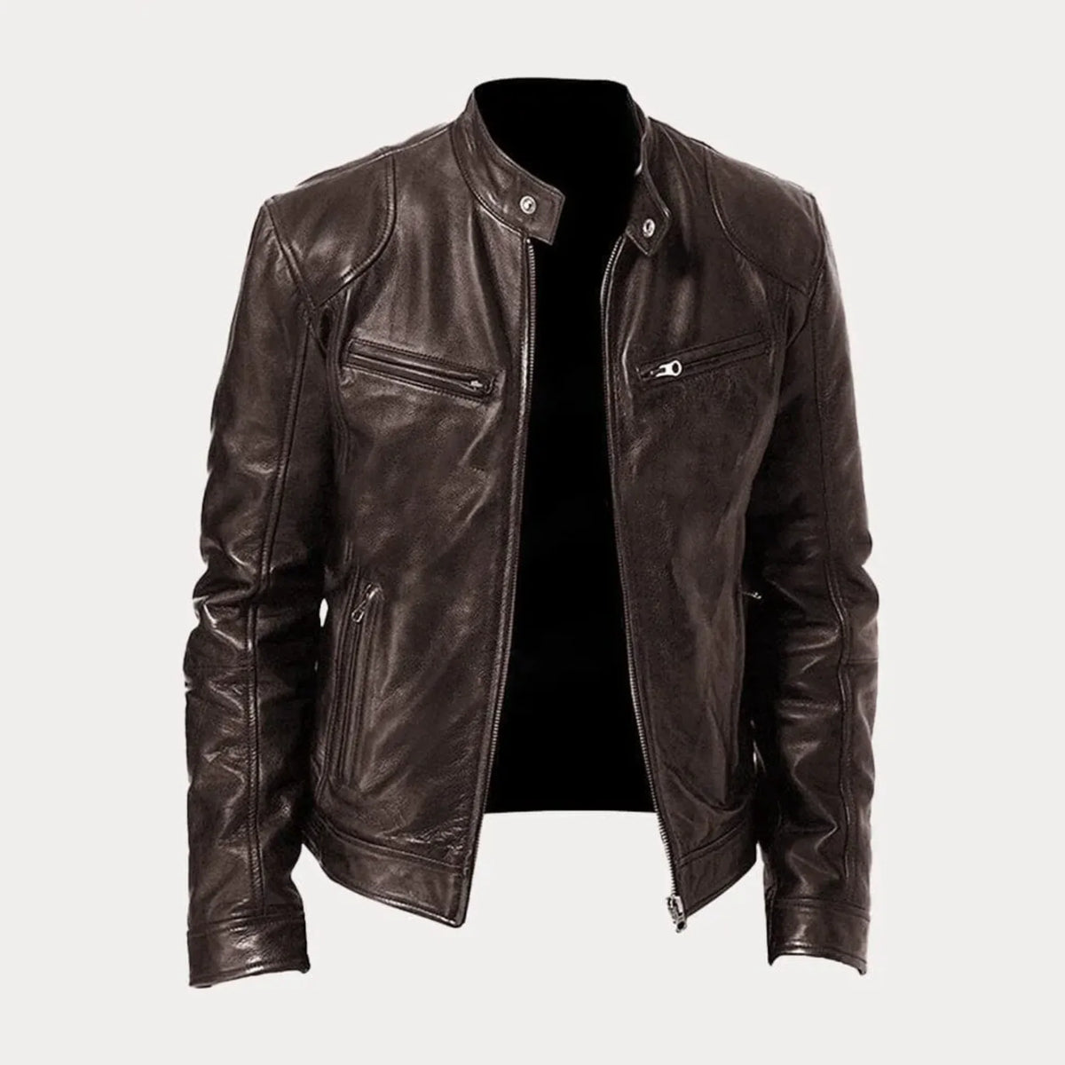 Women's leather zip-front moto jacket with band-collar zip-pocket – Brown