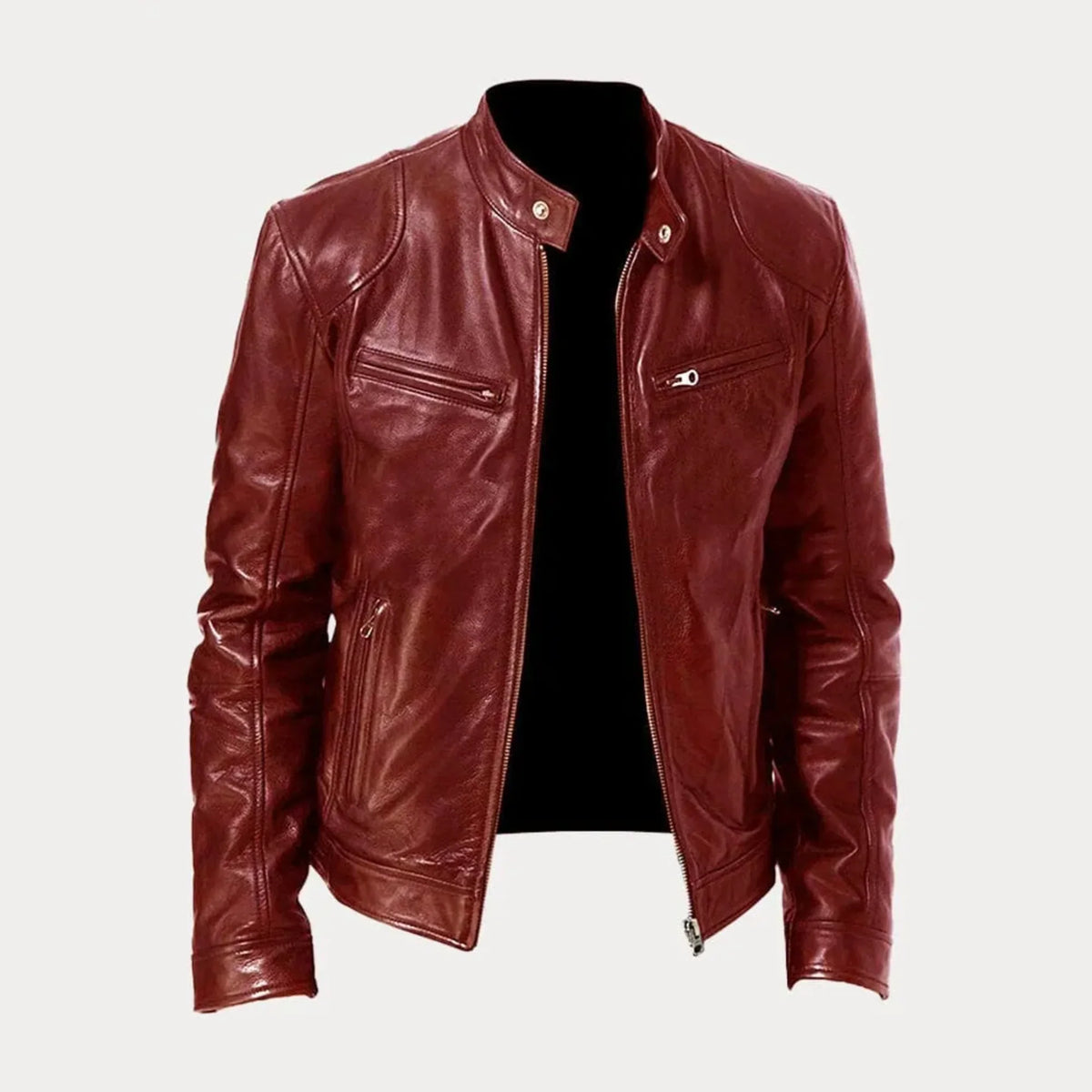 Women's leather zip-front moto jacket with band-collar zip-pocket – Burgundy red