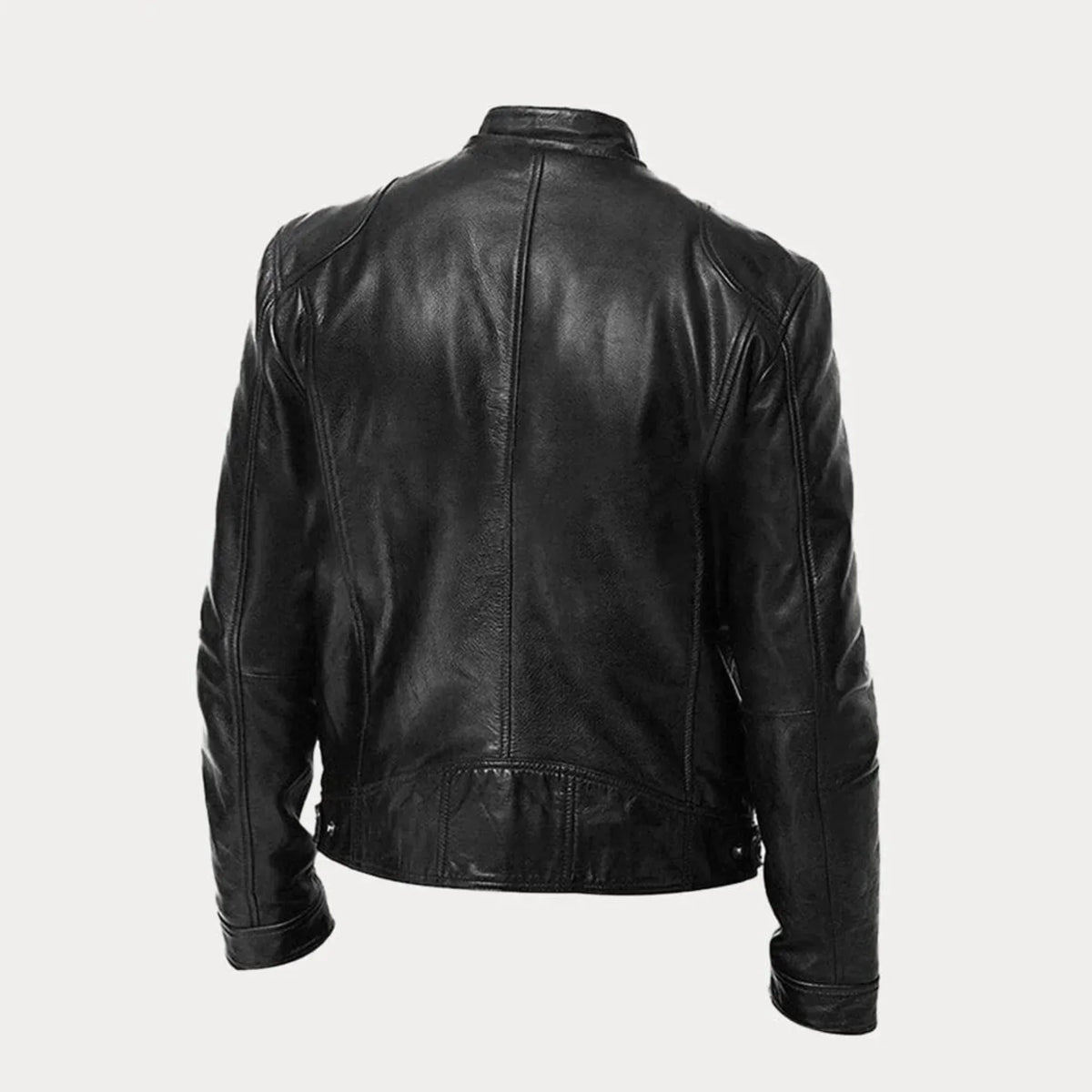 Women's leather zip-front moto jacket with band-collar zip-pocket