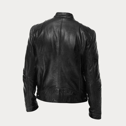 Women's leather zip-front moto jacket with band-collar zip-pocket