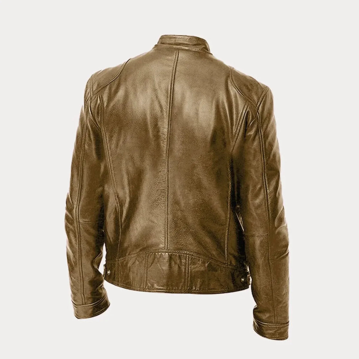 Women's leather zip-front moto jacket with band-collar zip-pocket