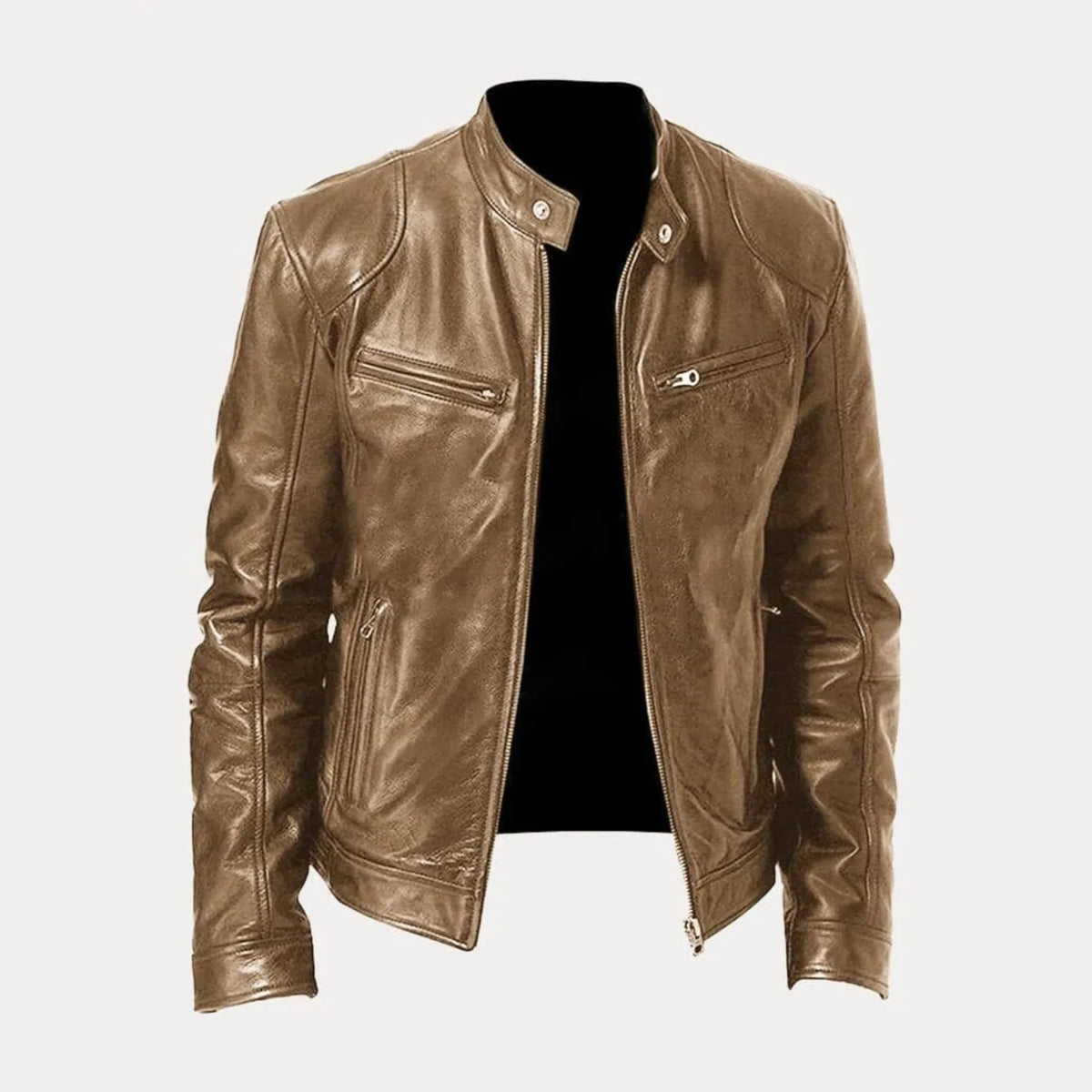 Women's leather zip-front moto jacket with band-collar zip-pocket – Khaki