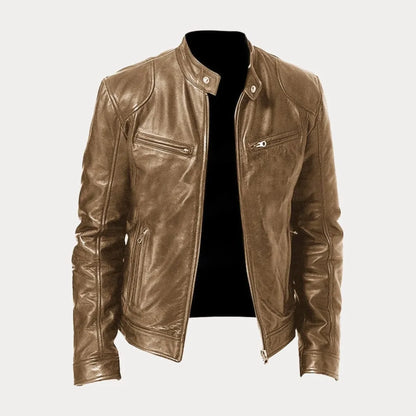 Women's leather zip-front moto jacket with band-collar zip-pocket – Khaki
