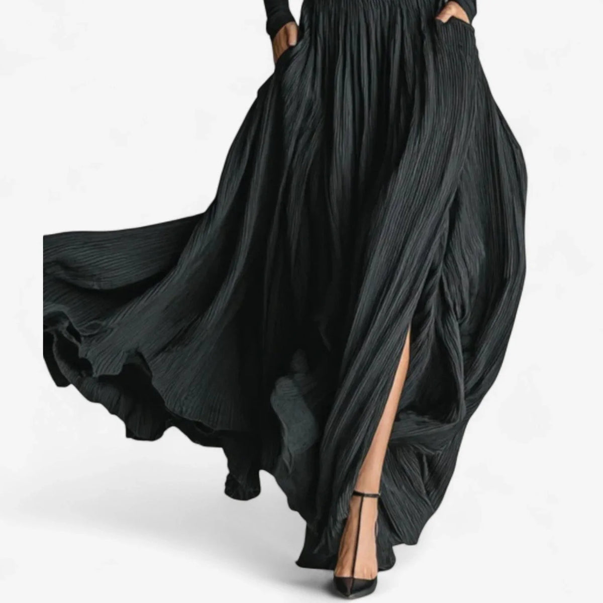Women's pleated maxi dress with turtleneck long sleeves and high-slit – Black