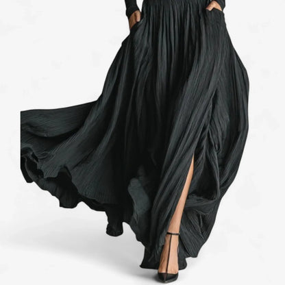 Women's pleated maxi dress with turtleneck long sleeves and high-slit – Black