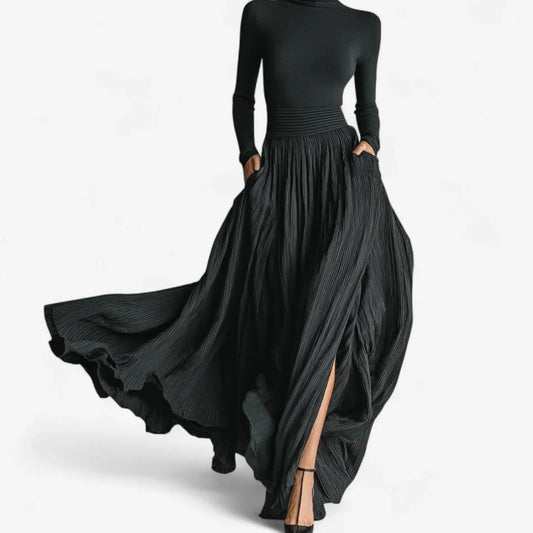 Women's pleated maxi dress with turtleneck long sleeves and high-slit – Black