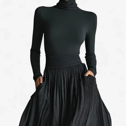 Women's pleated maxi dress with turtleneck long sleeves and high-slit – Black