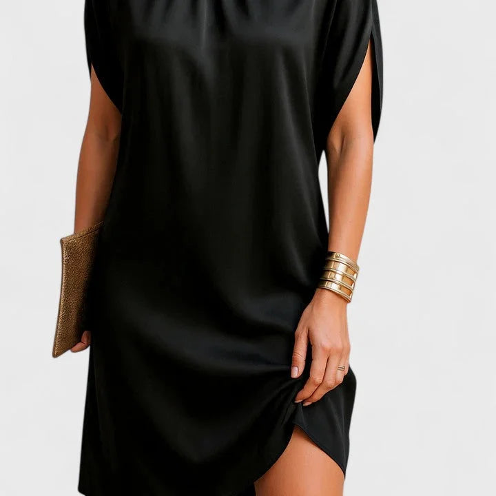 Women's satin mock-neck mini dress with split-sleeve and ruched neckline – Black