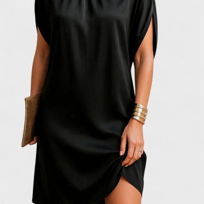 Women's satin mock-neck mini dress with split-sleeve and ruched neckline – Black