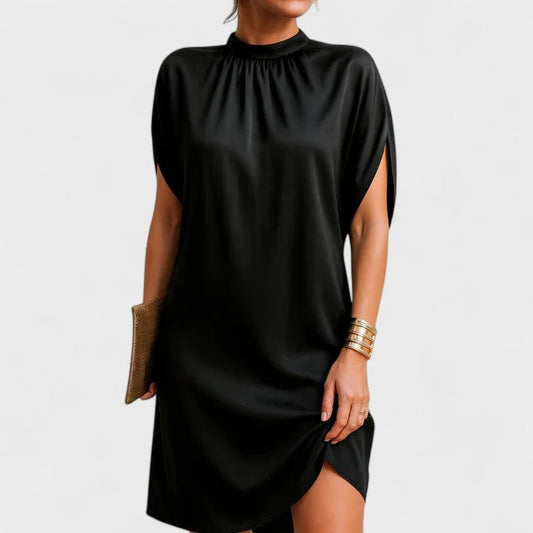 Women's satin mock-neck mini dress with split-sleeve and ruched neckline – Black