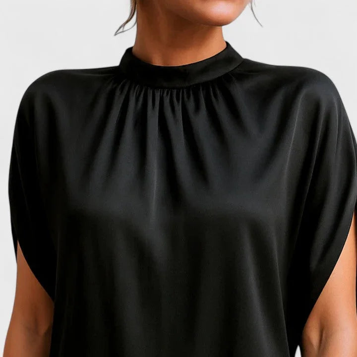 Women's satin mock-neck mini dress with split-sleeve and ruched neckline – Black