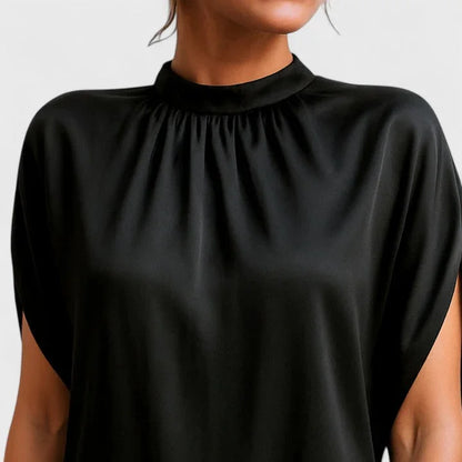 Women's satin mock-neck mini dress with split-sleeve and ruched neckline – Black