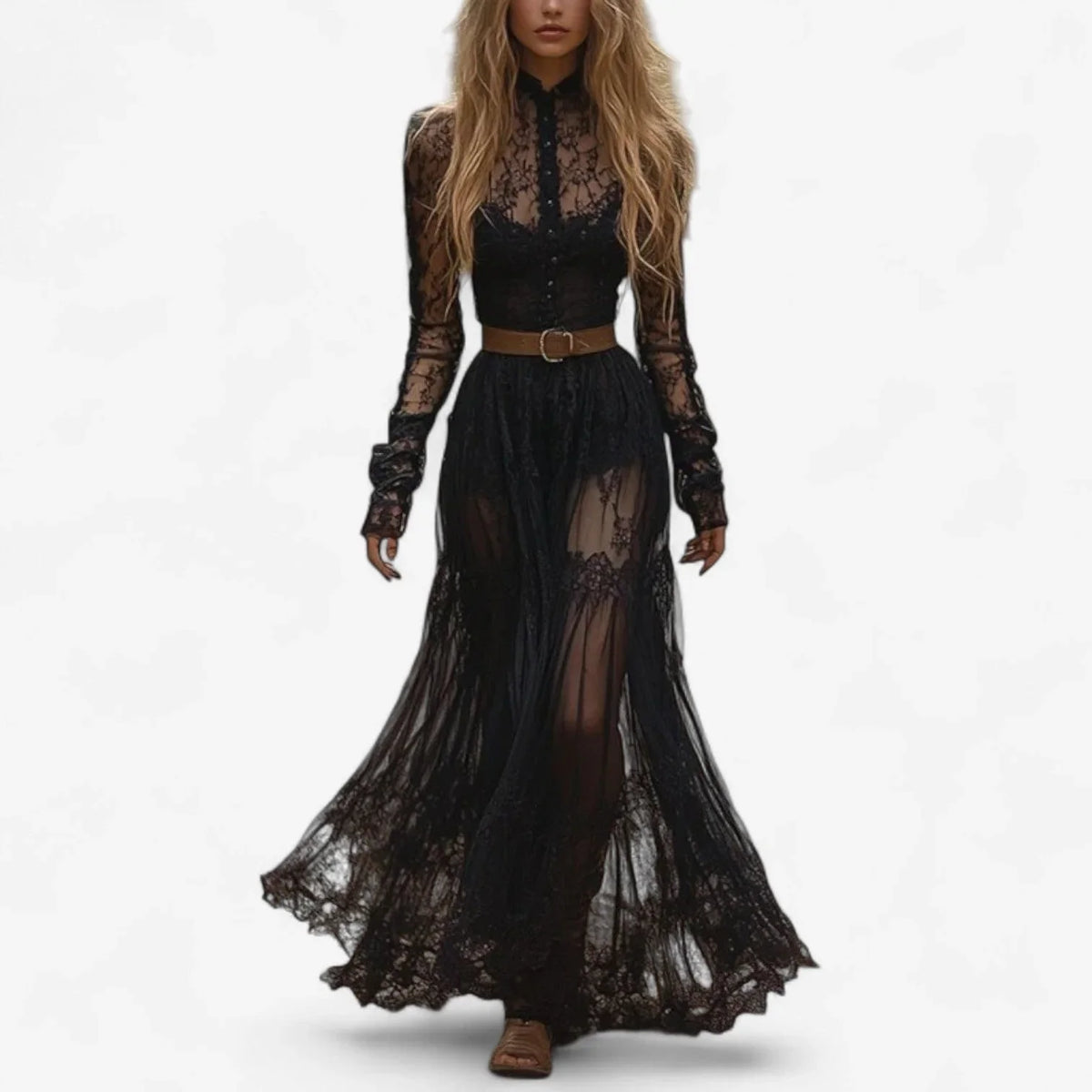 Women's sheer lace maxi dress with high-neck long-sleeve button-front – Black