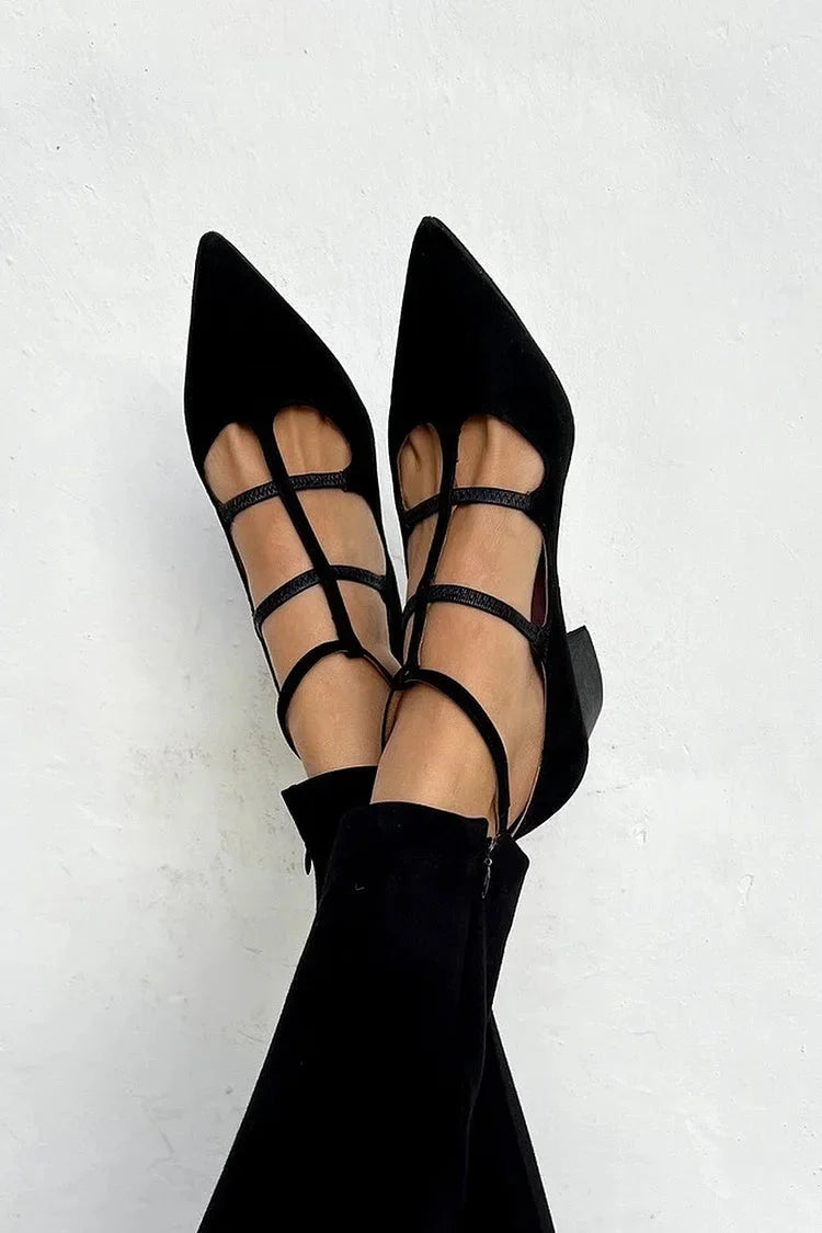 Women's suede pointed-toe heels with intricate multi-strap design – Black