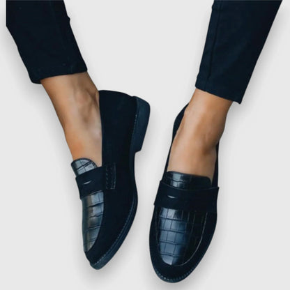 Women's suede slip-on loafers with croc-embossed strap – Black