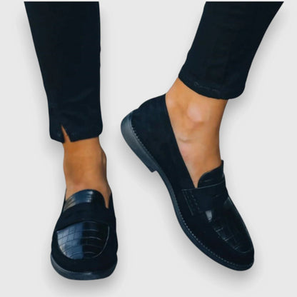 Women's suede slip-on loafers with croc-embossed strap – Black