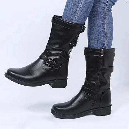 Women's supportive comfort mid-calf biker boots with side zipper – Black